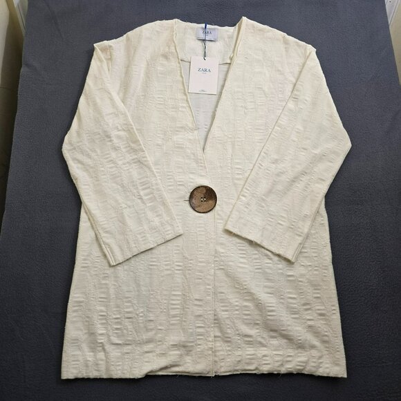 Zara Basic Women S Oversized One Button Textured Cream Cardigan - Picture 1 of 14